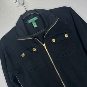 Lauren Ralph Lauren Black Cotton Blend Jacket Gold Zipper & Buttons Womens Small